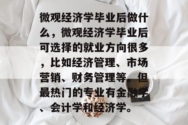 微观经济学毕业后做什么,微观经济学毕业后可选择的就业方向很多,比如经济管理、市场营销、财务管理等。但最热门的专业有金融学、会计学和经济学。 微观经济学毕业后做什么,微观经济学毕业后可选择的就业方向很多,比如经济管理、市场营销、财务管理等。但最热门的专业有金融学、会计学和经济学。
