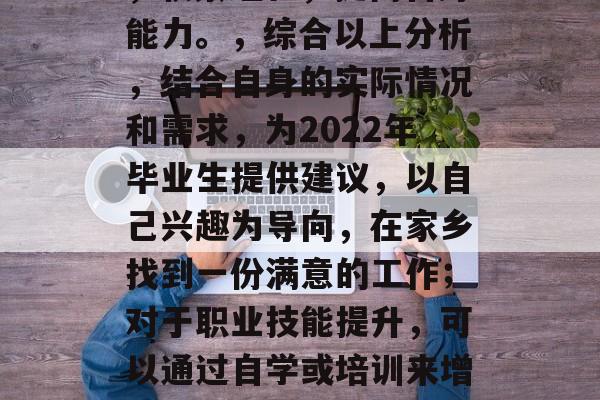 毕业一年后该干什么?,本题考查对毕业生就业的思考。分析题目,毕业后,首要考虑的是选择适合自己的职业发展方向。接下来可以根据自身兴趣、技能特长和未来发展规划来思考,可以选择继续深造,读研深造;也可以选择创业或副业,实现自我价值;还可以选择进入企业,通过实践提升自己的专业技能;还可能选择继续留在本地工作,积累经验,提高自身能力。,综合以上分析,结合自身的实际情况和需求,为2022年毕业生提供建议,以自己兴趣为导向,在家乡找到一份满意的工作;对于职业技能提升,可以通过自学或培训来增强自己的竞争力;若想要进一步深造,可以关注相关的学术文章和论坛,积极参与各类研讨会和实践活动;如果是个人方向的转变,也可以参考父母和亲朋好友的意见,积极寻求他们建议。,综上所述,2022年毕业生应把握自己的优势和兴趣,明确自己的目标,并在实际工作中不断提升自己,这样才能在未来社会中获得更好的发展机会。 毕业一年后该干什么?,本题考查对毕业生就业的思考。分析题目,毕业后,首要考虑的是选择适合自己的职业发展方向。接下来可以根据自身兴趣、技能特长和未来发展规划来思考,可以选择继续深造,读研深造;也可以选择创业或副业,实现自我价值;还可以选择进入企业,通过实践提升自己的专业技能;还可能选择继续留在本地工作,积累经验,提高自身能力。,综合以上分析,结合自身的实际情况和需求,为2022年毕业生提供建议,以自己兴趣为导向,在家乡找到一份满意的工作;对于职业技能提升,可以通过自学或培训来增强自己的竞争力;若想要进一步深造,可以关注相关的学术文章和论坛,积极参与各类研讨会和实践活动;如果是个人方向的转变,也可以参考父母和亲朋好友的意见,积极寻求他们建议。,综上所述,2022年毕业生应把握自己的优势和兴趣,明确自己的目标,并在实际工作中不断提升自己,这样才能在未来社会中获得更好的发展机会。
