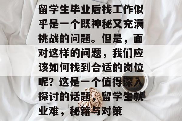 留学生毕业后找工作似乎是一个既神秘又充满挑战的问题。但是，面对这样的问题，我们应该如何找到合适的岗位呢？这是一个值得深入探讨的话题，留学生就业难，秘籍与对策